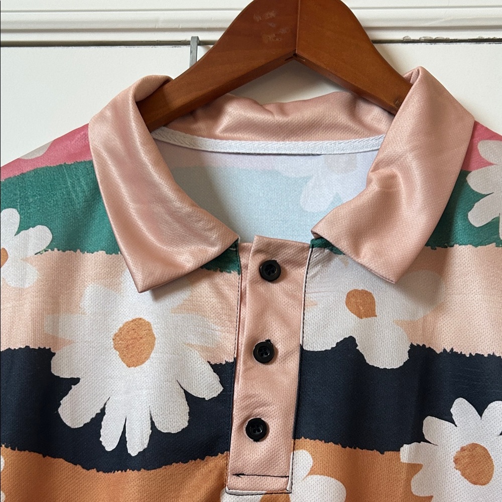 ✨ Retro Men's Daisies Striped Polo Shirt Short Sleeve Festival Floral Print XL - Picture 2 of 5